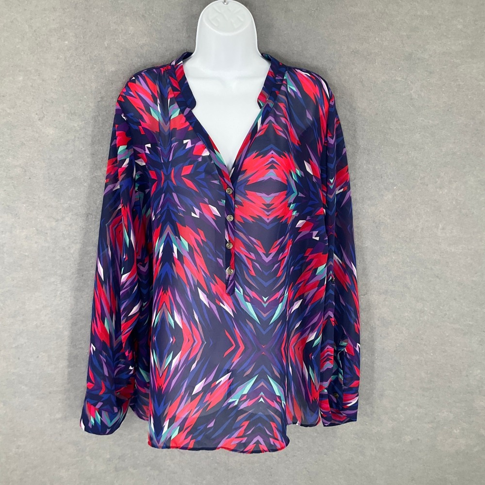 a.n.a Top Woman 3X‎ Colorful Print Long Sleeve Button Accent Blouse Artsy